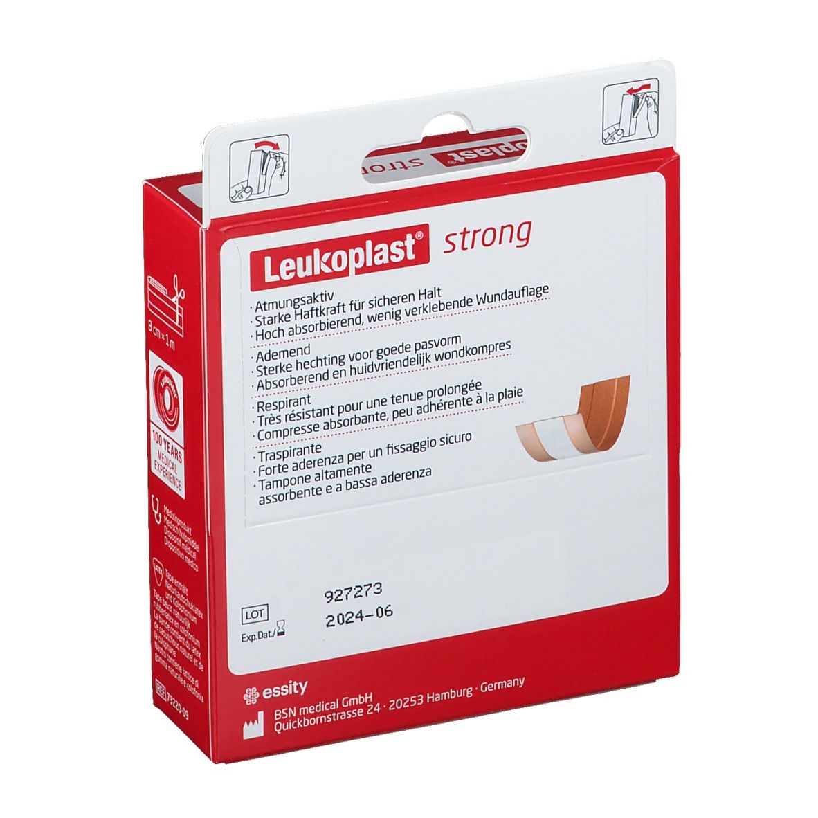 Dos de l'emballage Leukoplast® strong. Texte multilingue, indication de taille et date de péremption.