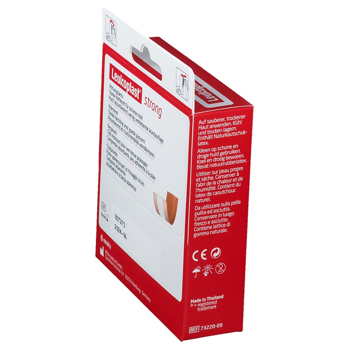 Dos de l'emballage Leukoplast® strong. Texte multilingue, indication de taille et date de péremption.