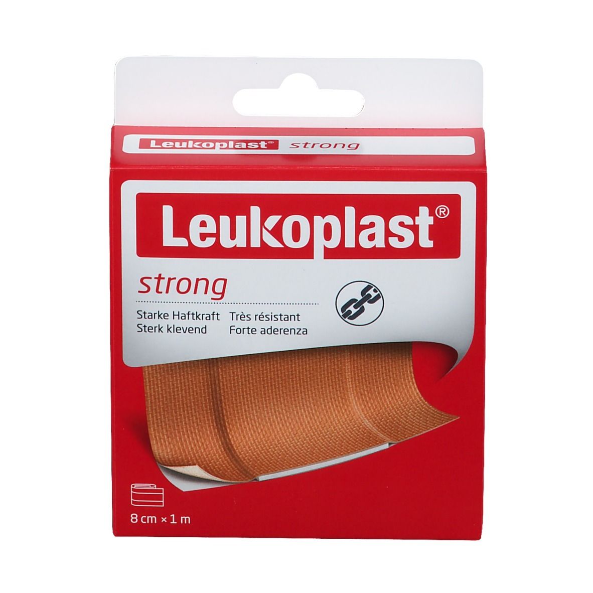 Emballage Leukoplast® strong, 8 cm x 1 m. Boîte rouge avec nom du produit et bande visible.