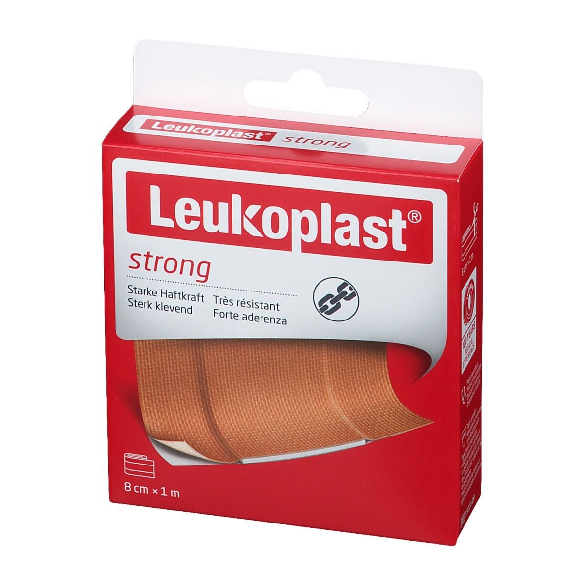 Emballage Leukoplast® strong, 8 cm x 1 m. Boîte rouge avec nom du produit et bande visible.