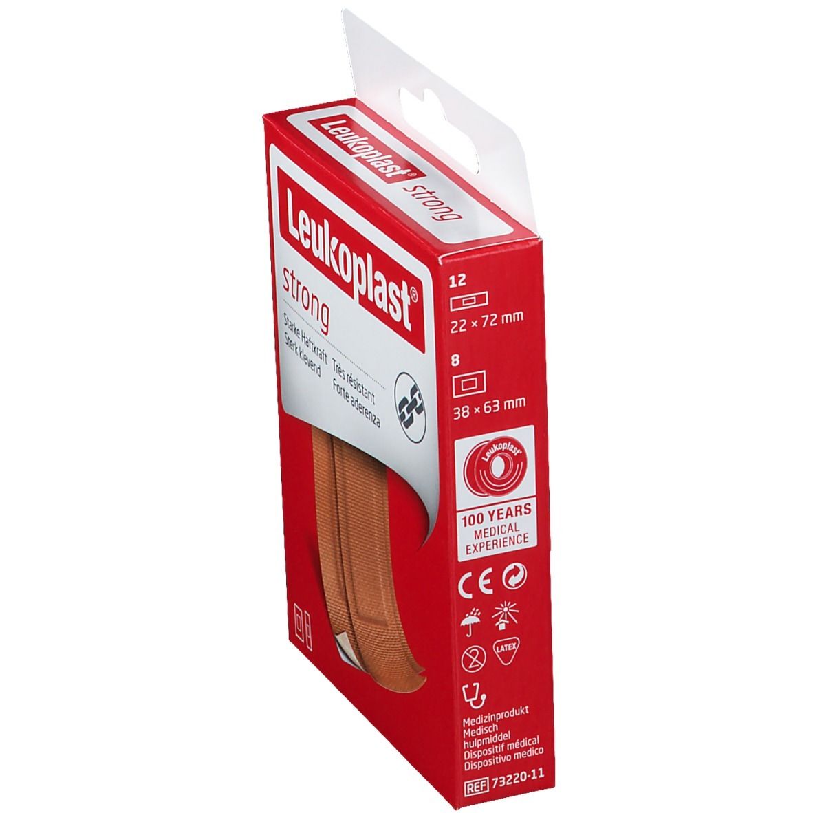 Emballage Leukoplast strong. Boîte rouge, vue latérale. Nom du produit, tailles, certifications.