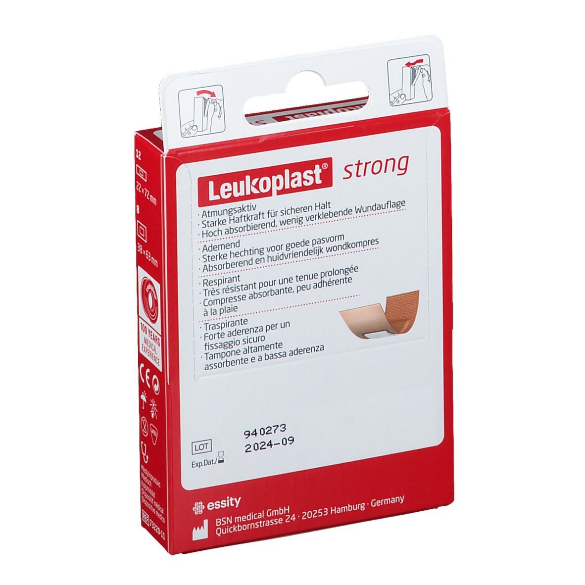 Dos de l'emballage Leukoplast strong. Nom du produit, description, tailles, informations fabricant.