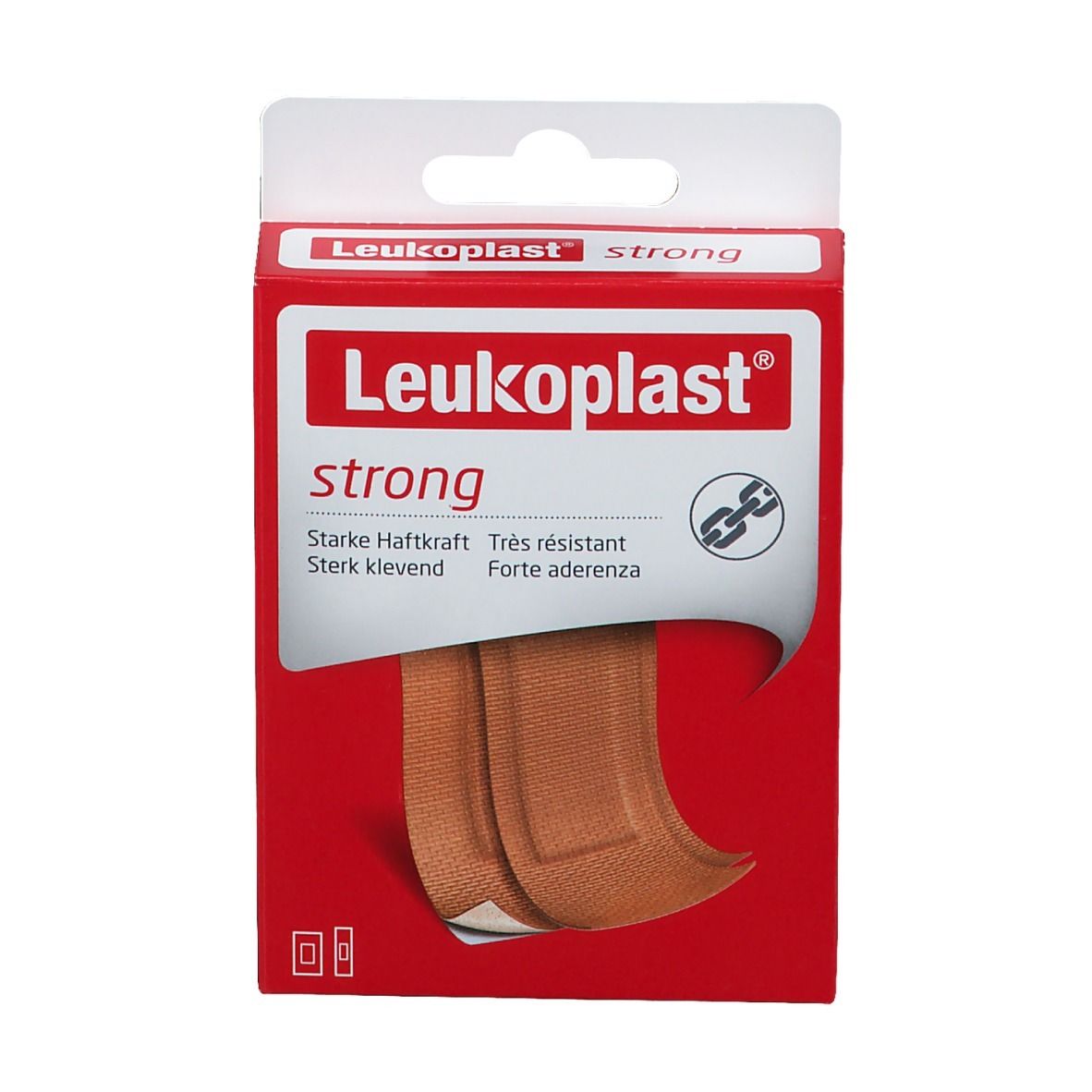 Emballage Leukoplast strong. Boîte rouge avec pansements. Nom du produit, pansements, forte adhérence.