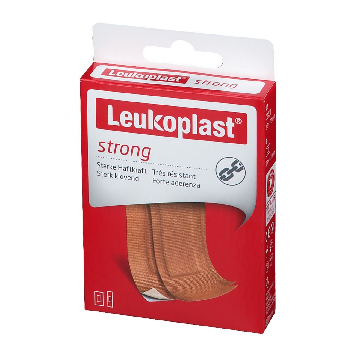Emballage Leukoplast strong. Boîte rouge avec pansements. Nom du produit, pansements, forte adhérence.