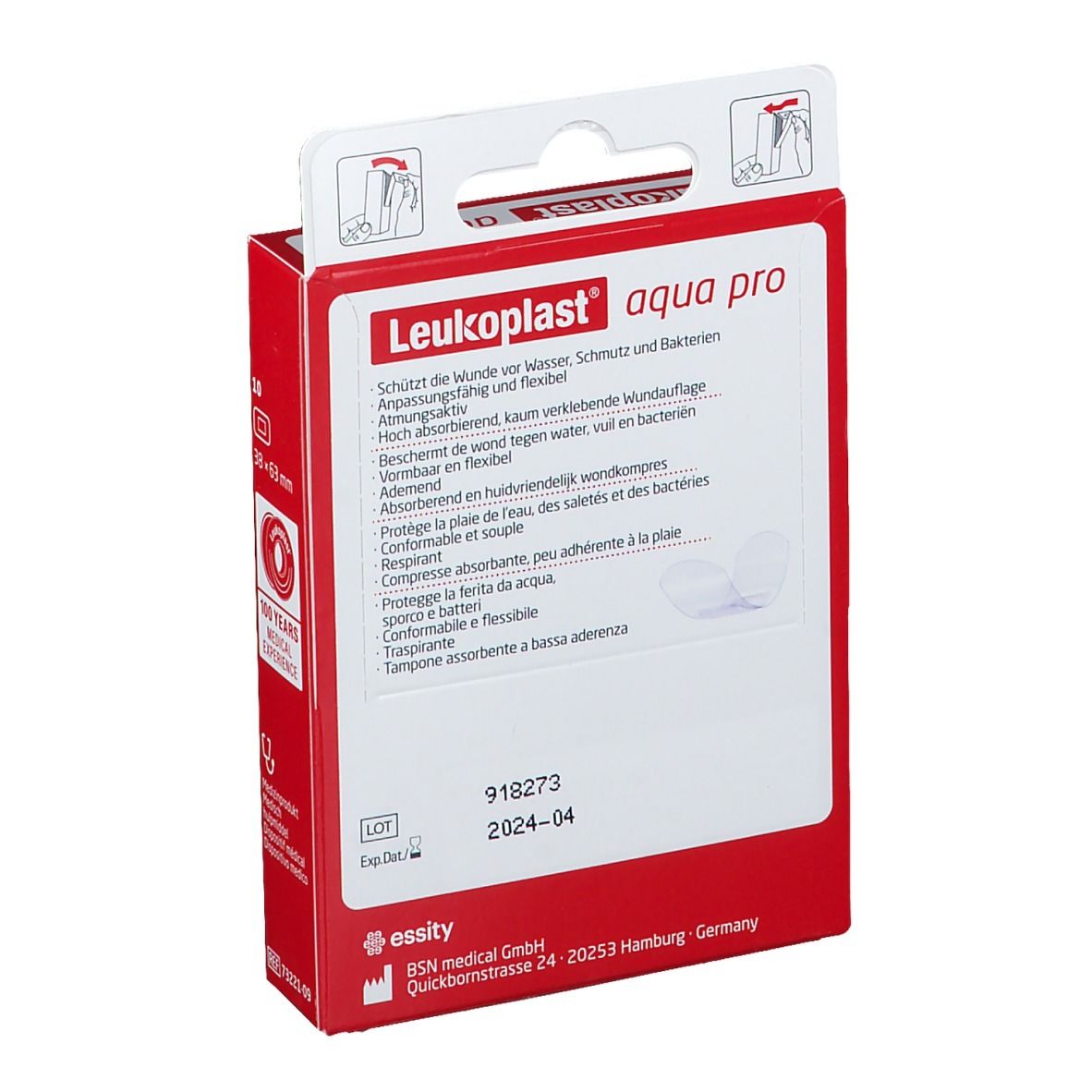 Dos de la boîte rouge Leukoplast aqua pro. Texte multilingue. Expiration 2024-04.