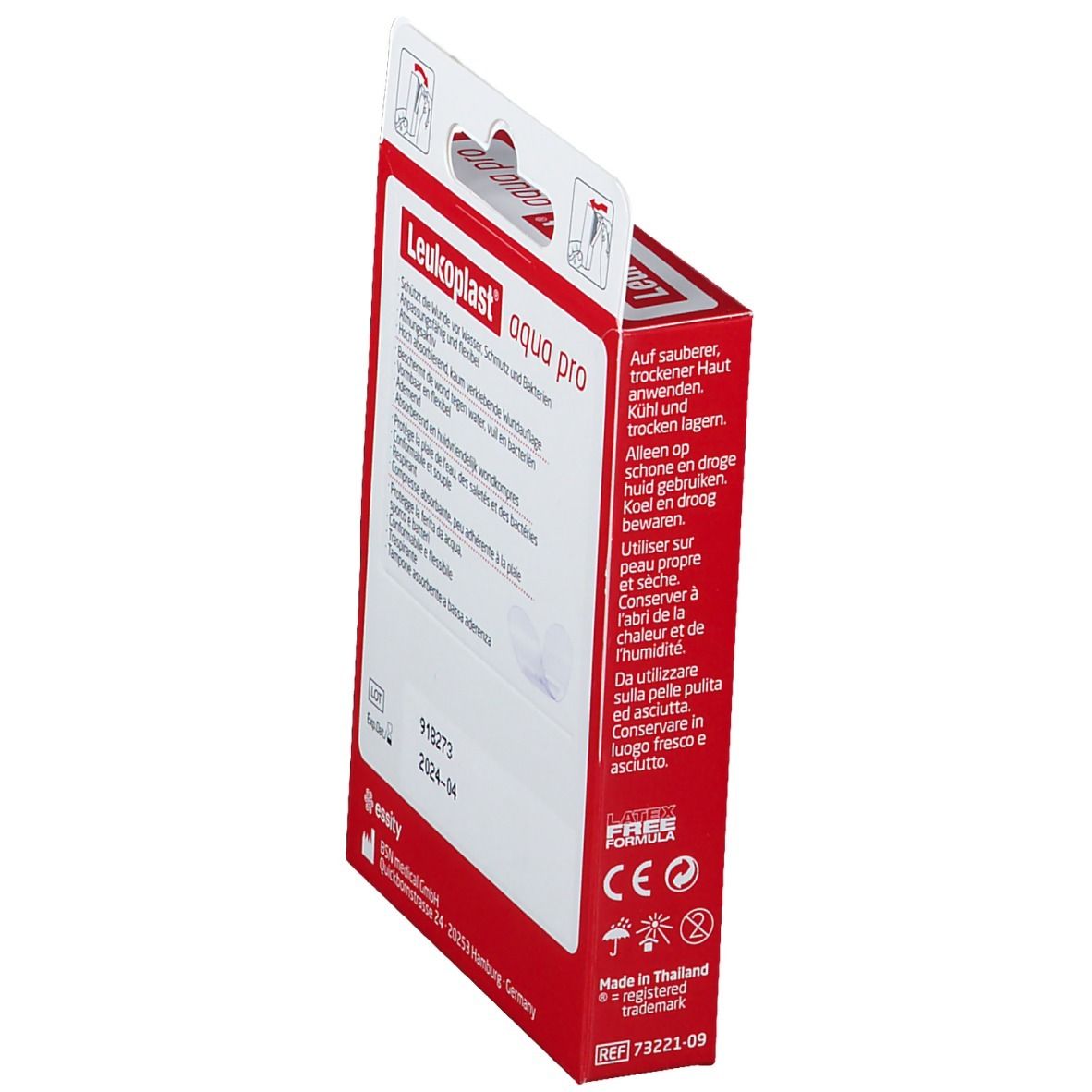 Dos de la boîte rouge Leukoplast aqua pro. Instructions d'utilisation. Expiration 2024-04.