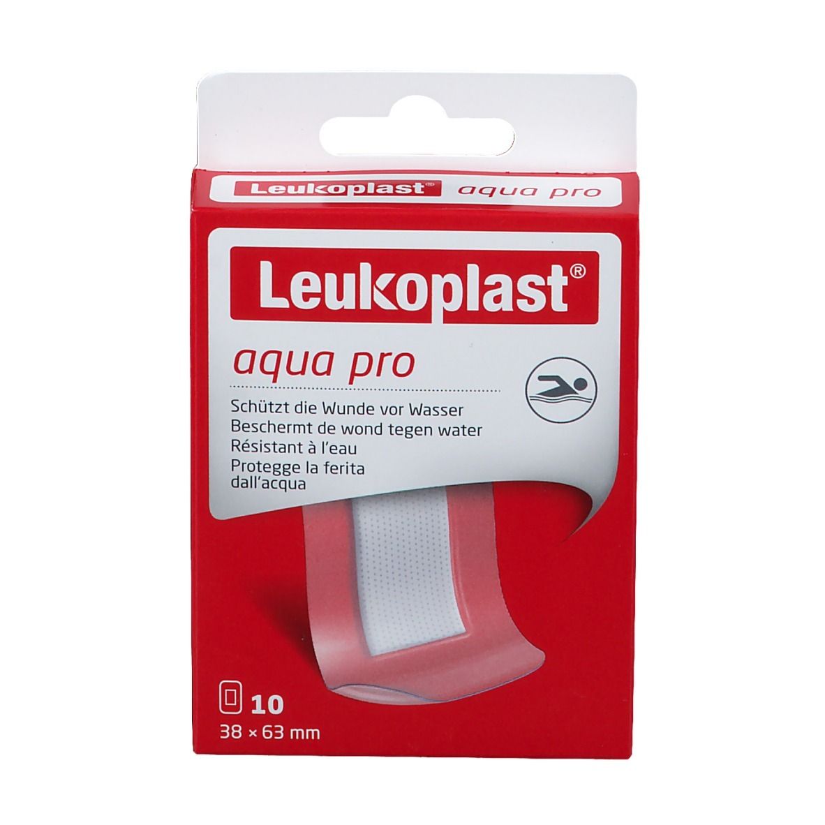 Boîte rouge Leukoplast aqua pro. Contient 10 pansements 38x63 mm. Symbole nageur.