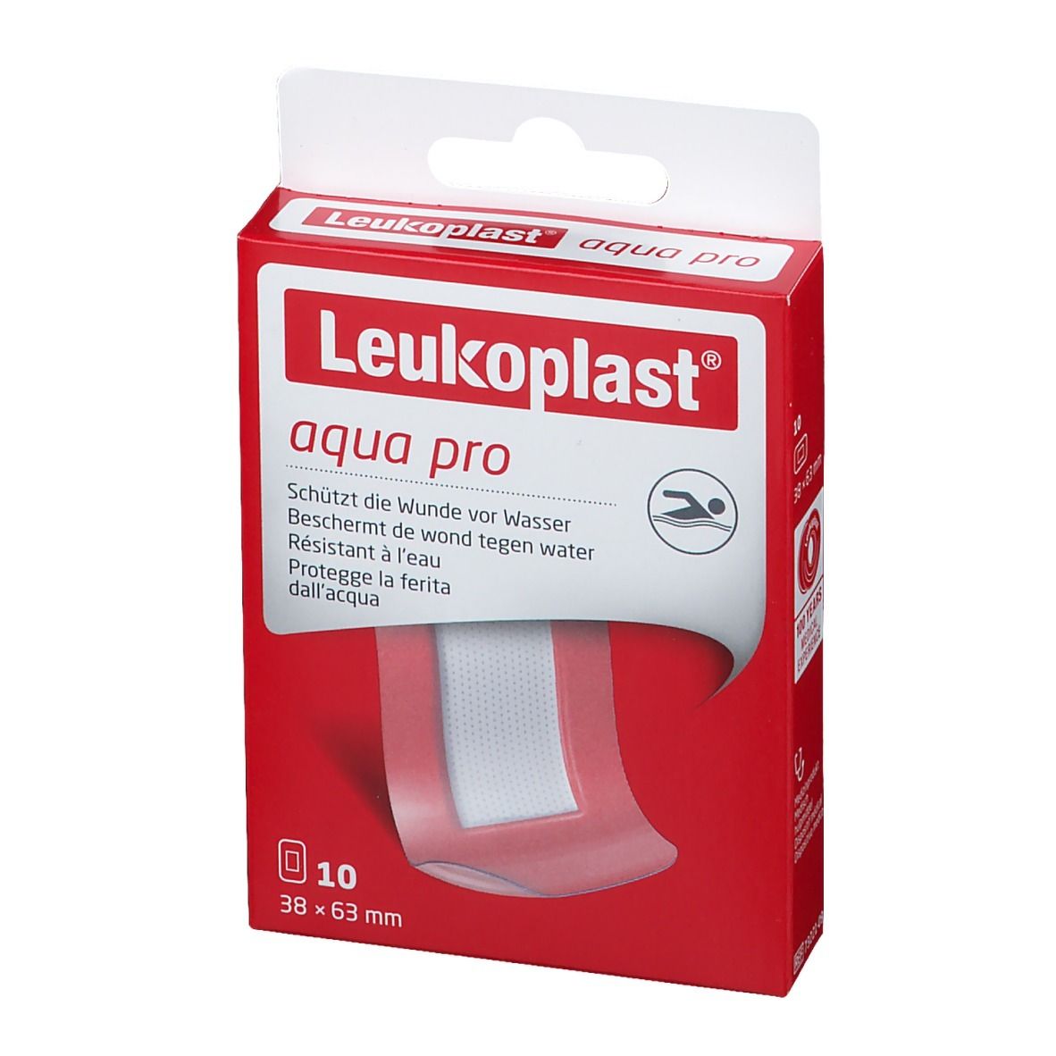 Boîte rouge Leukoplast aqua pro. Contient 10 pansements 38x63 mm. Symbole nageur.