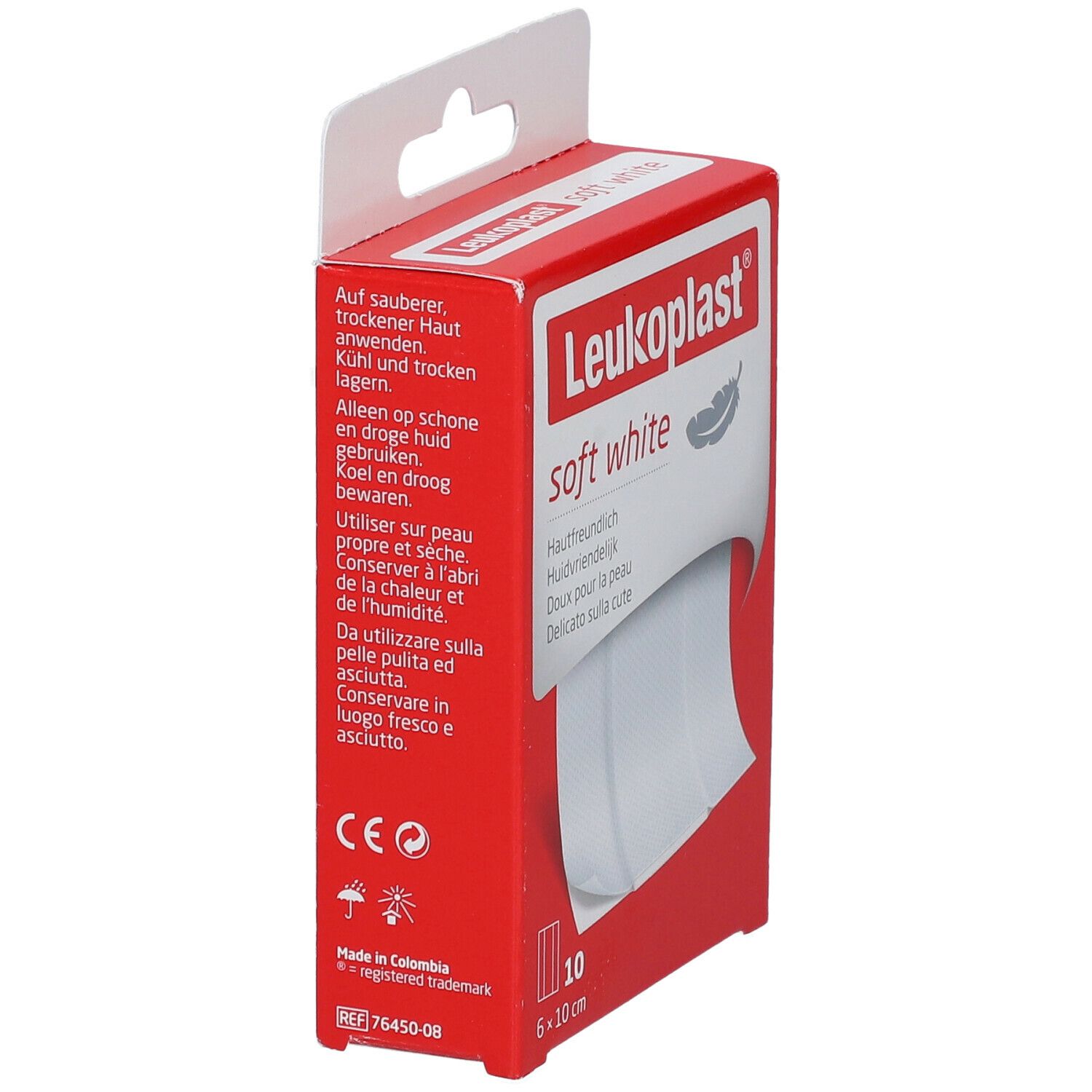 Boîte rouge Leukoplast® soft white. Texte sur le côté. 10 pansements, 6 x 10 cm. Doux pour la peau.