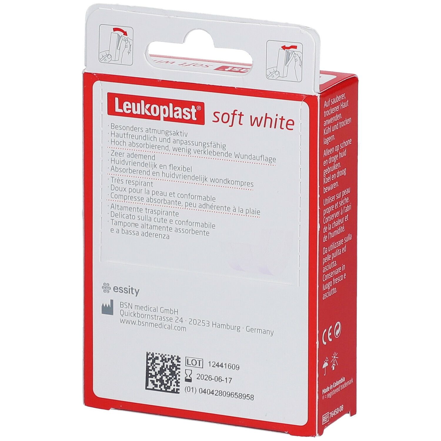 Boîte rouge Leukoplast® soft white. Dos avec texte. Informations fabricant. Marquage CE.