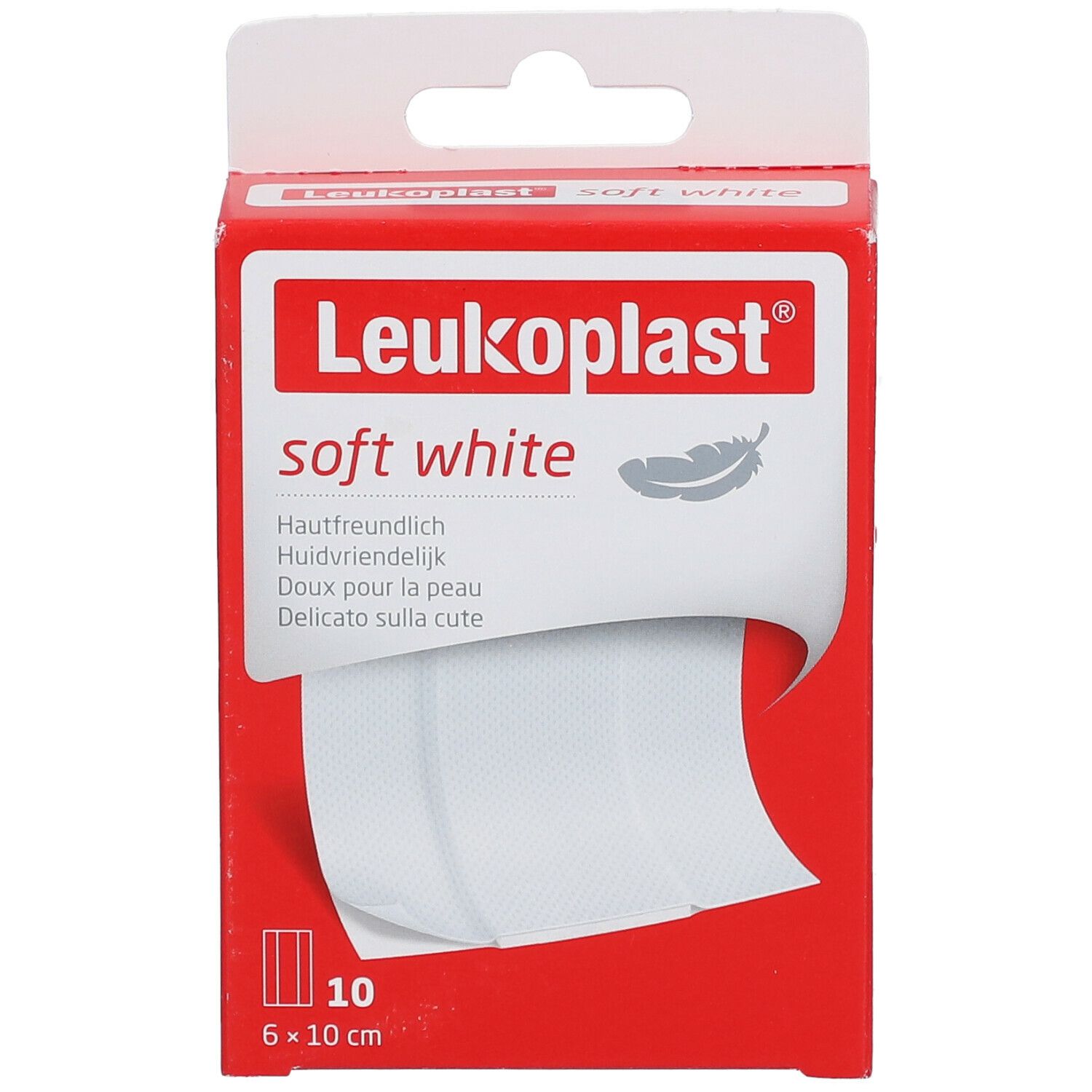 Boîte rouge Leukoplast® soft white. Bandes adhésives visibles. 10 pièces, 6 x 10 cm. Doux pour la peau.