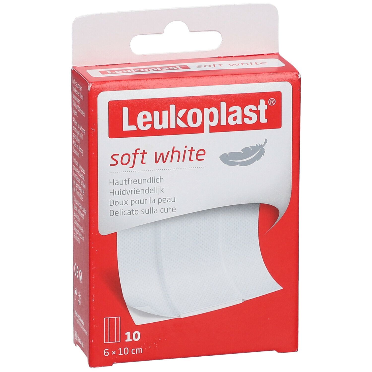 Boîte rouge Leukoplast® soft white. Bandes adhésives visibles. 10 pièces, 6 x 10 cm. Doux pour la peau.