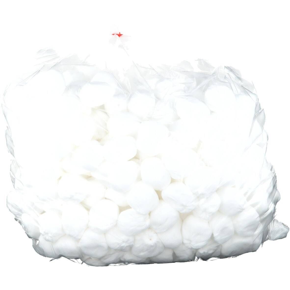 Sachet de boules de coton. Emballage transparent. Fermeture rouge.