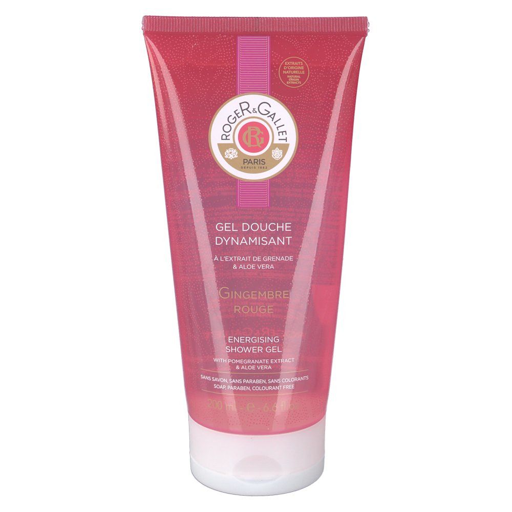 Tube rouge avec bouchon blanc. Inscription : Roger & Gallet, Gel Douche Dynamisant, Gingembre Rouge.