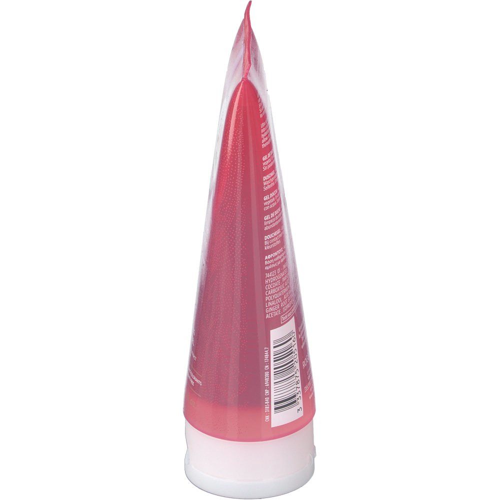 Tube rouge, vue latérale. Bouchon blanc. Texte sur le tube. Emballage transparent.