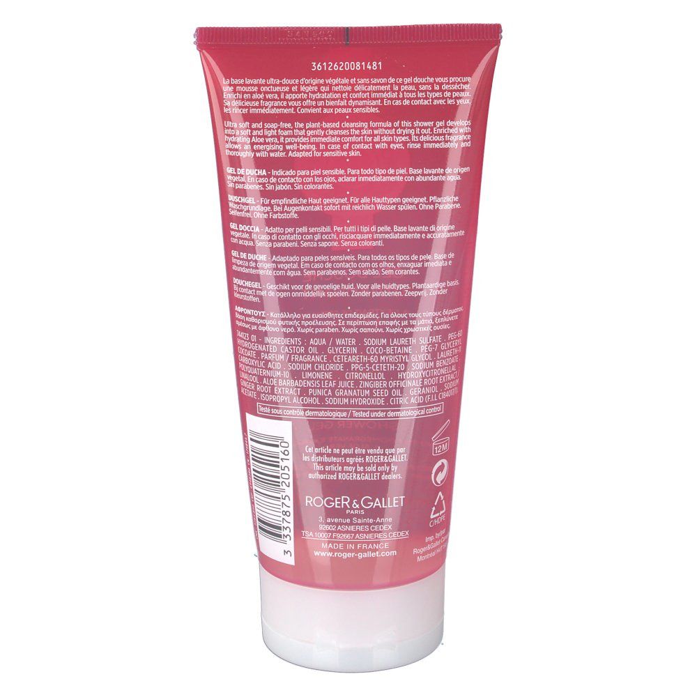 Dos du tube rouge. Texte en plusieurs langues. Bouchon blanc. Marque : Roger & Gallet.