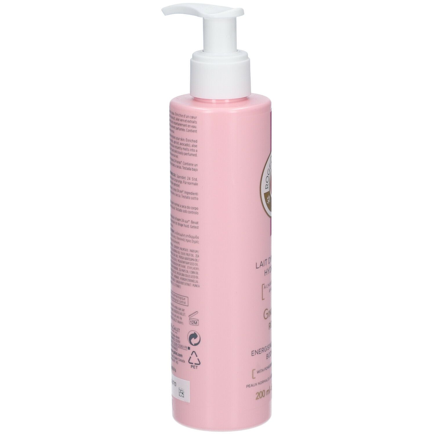 Flacon rose avec pompe blanche. Dos avec texte et logos. Nom du produit non visible.