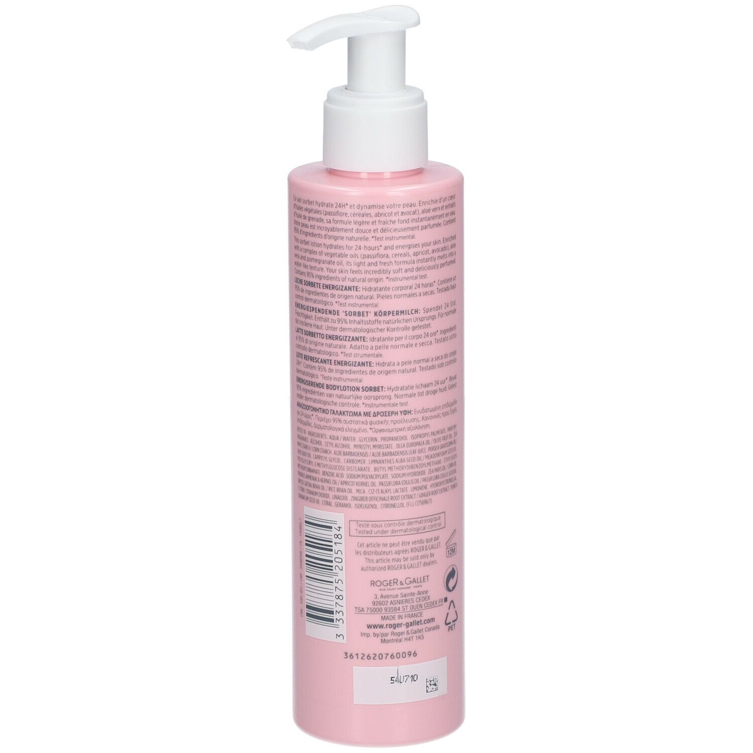 Flacon rose avec pompe blanche. Dos avec texte et code-barres. Nom du produit non visible.