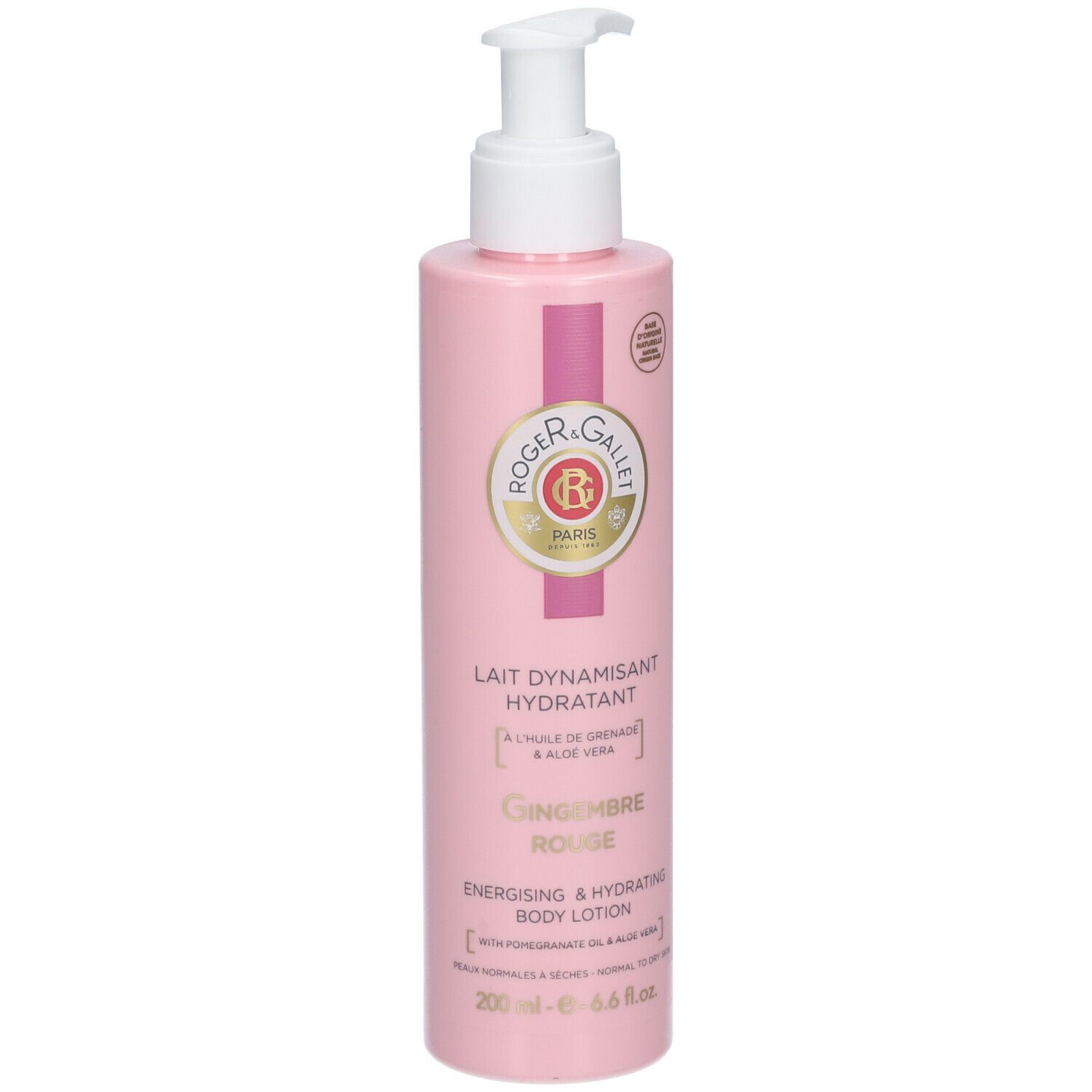Flacon rose avec pompe blanche. Inscription : Roger & Gallet, Gingembre Rouge, lotion pour le corps.