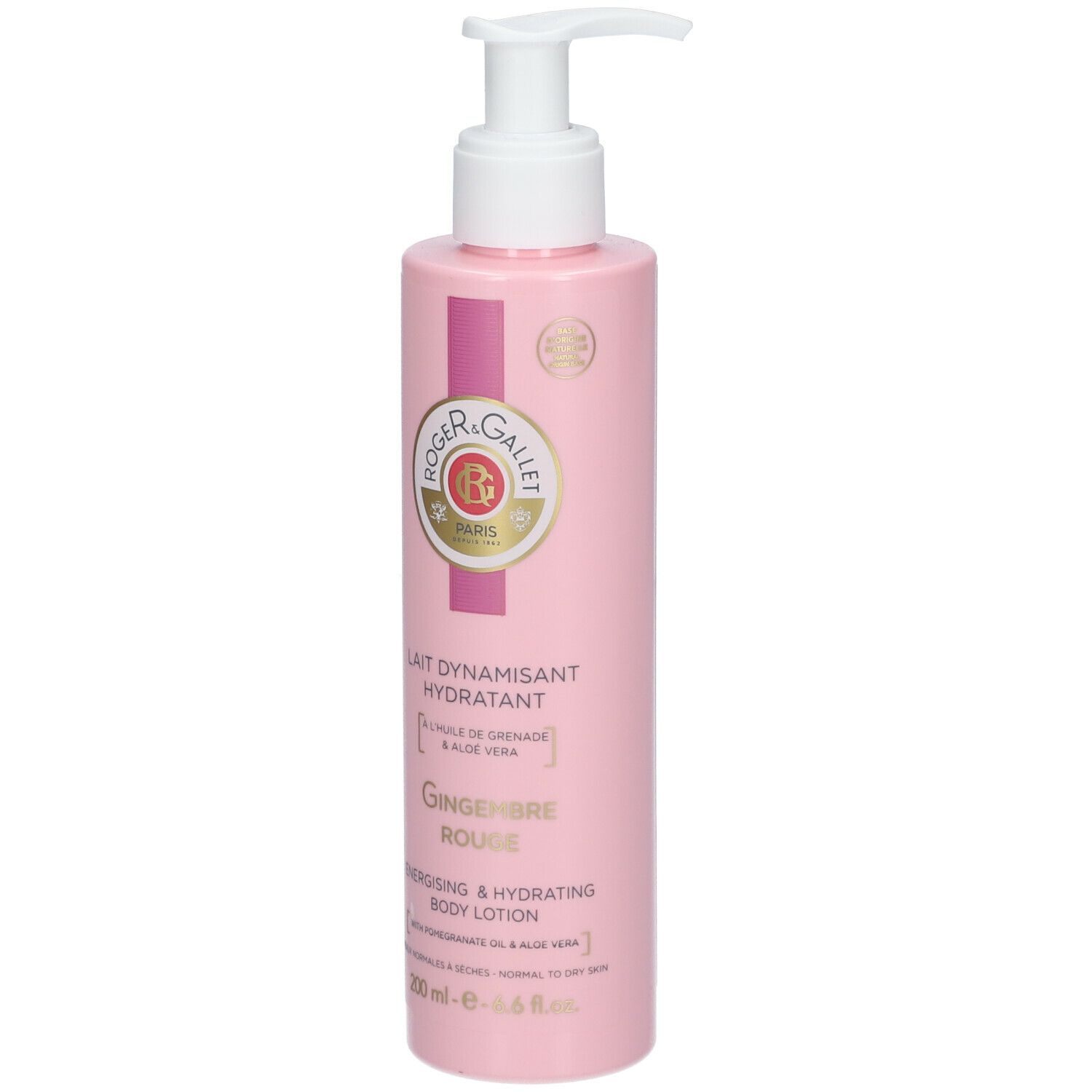 Flacon rose avec pompe blanche. Inscription : Roger & Gallet, Gingembre Rouge, lotion pour le corps.
