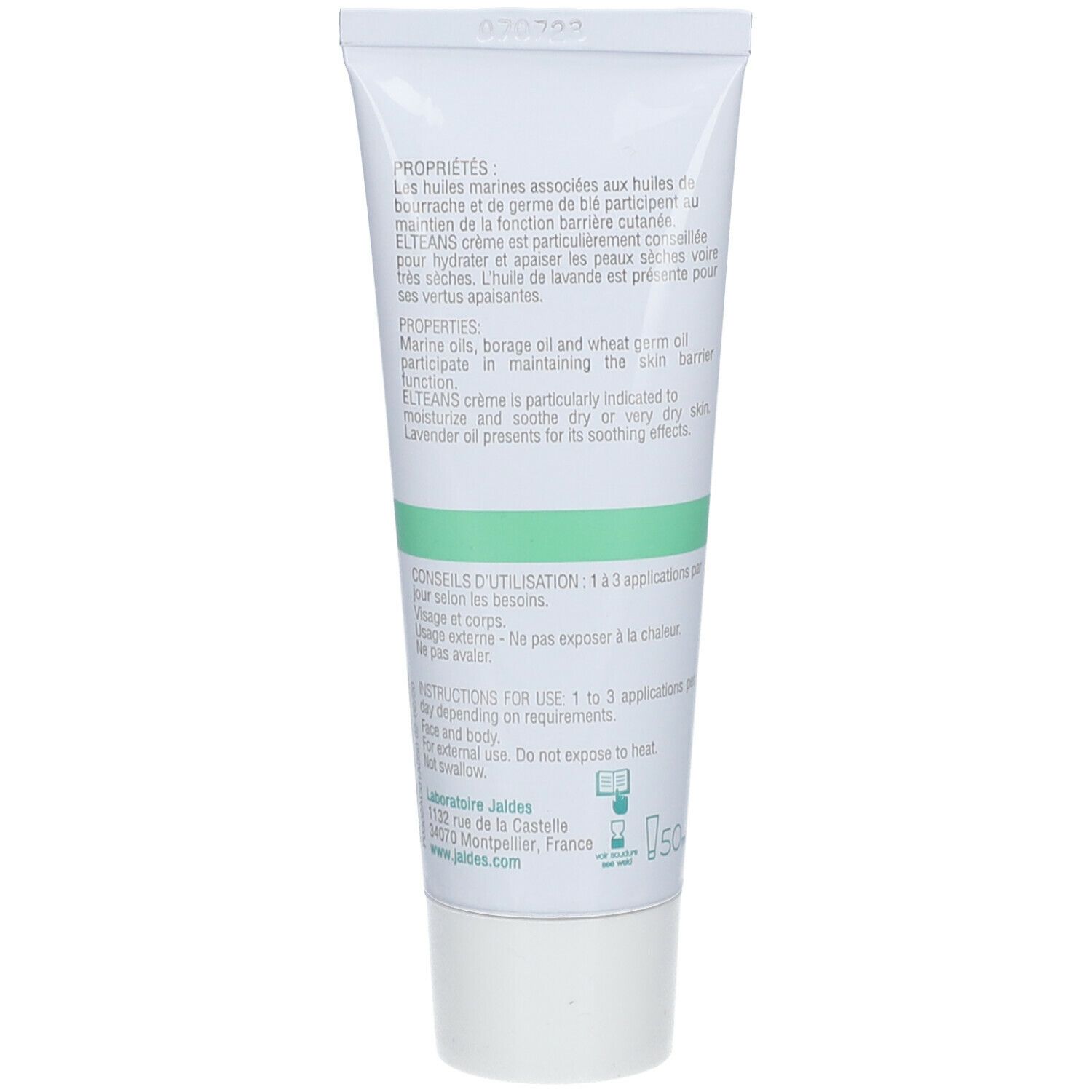Dos du tube de crème ELTEANS. Texte: Propriétés, ingrédients, conseils d'utilisation. Logo Jaldes. Volume: 50ml.