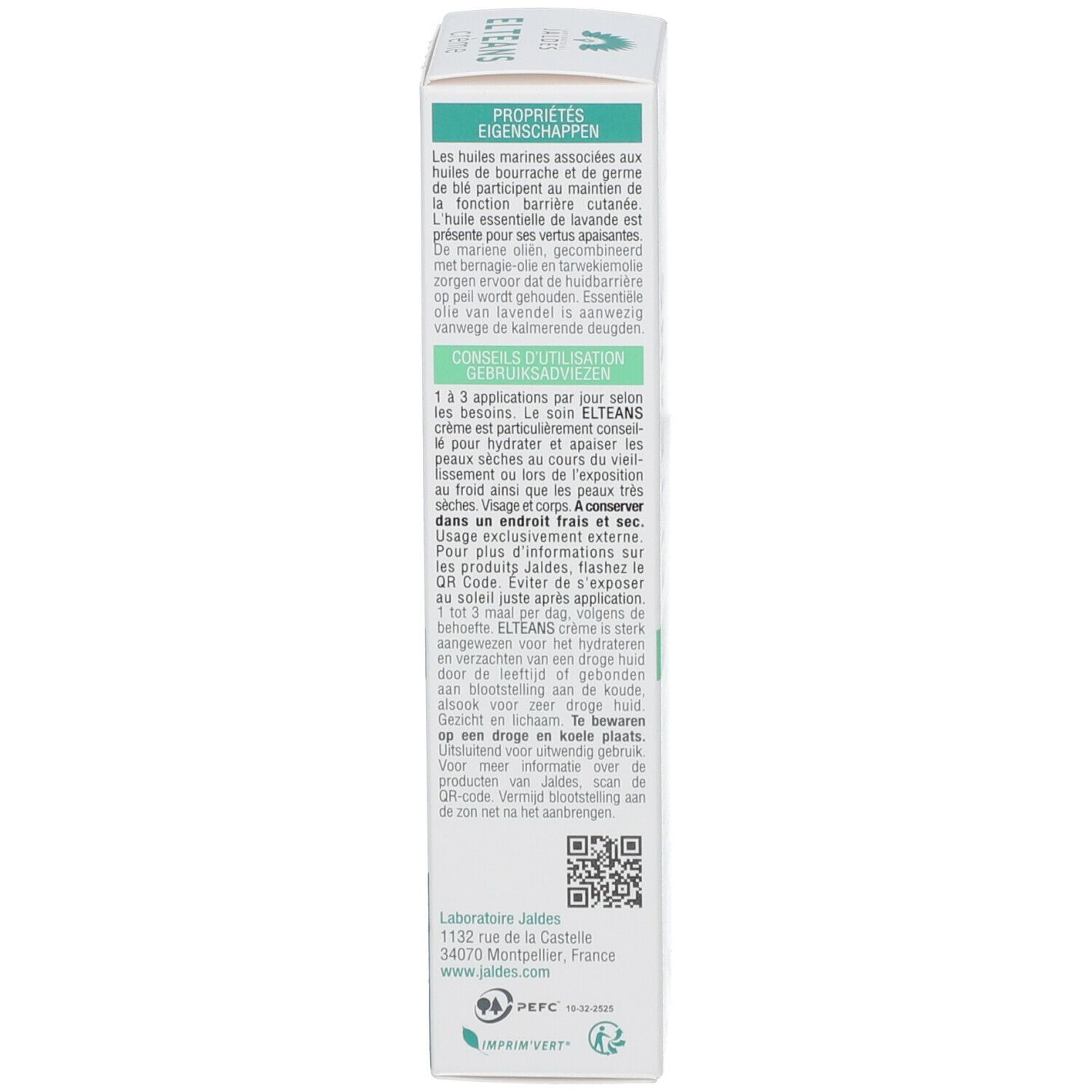 Dos de la boîte de crème ELTEANS. Texte: Propriétés, ingrédients, conseils d'utilisation. Logo Jaldes. Code QR.
