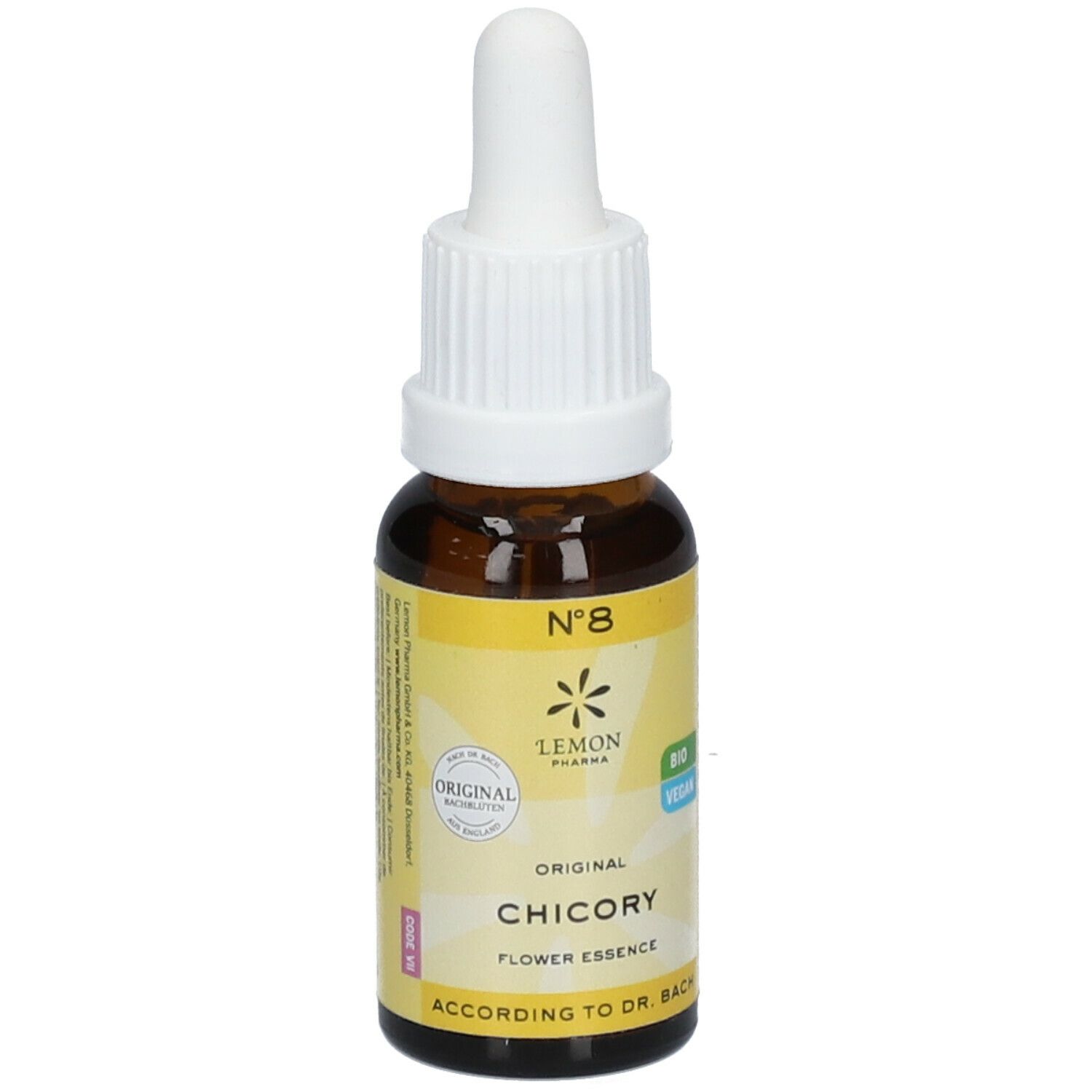 Flacon en verre brun avec compte-gouttes blanc. Étiquette avec texte: Original Chicory Flower Essence. Bio Vegan.