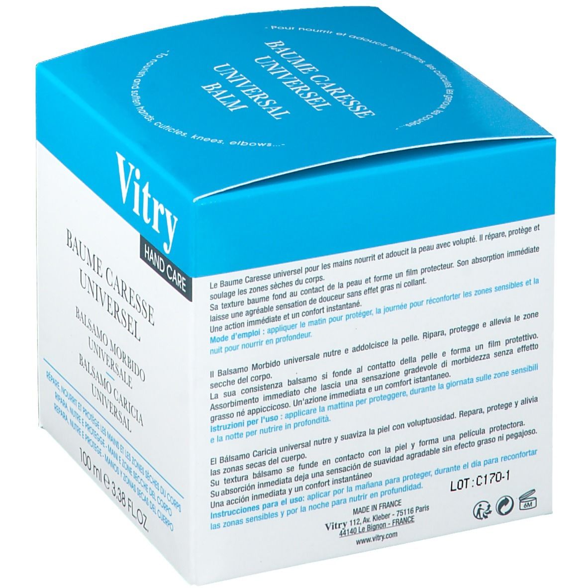 Rückseite der Verpackung mit Produktinformationen und Text in mehreren Sprachen. Marke Vitry ist sichtbar.