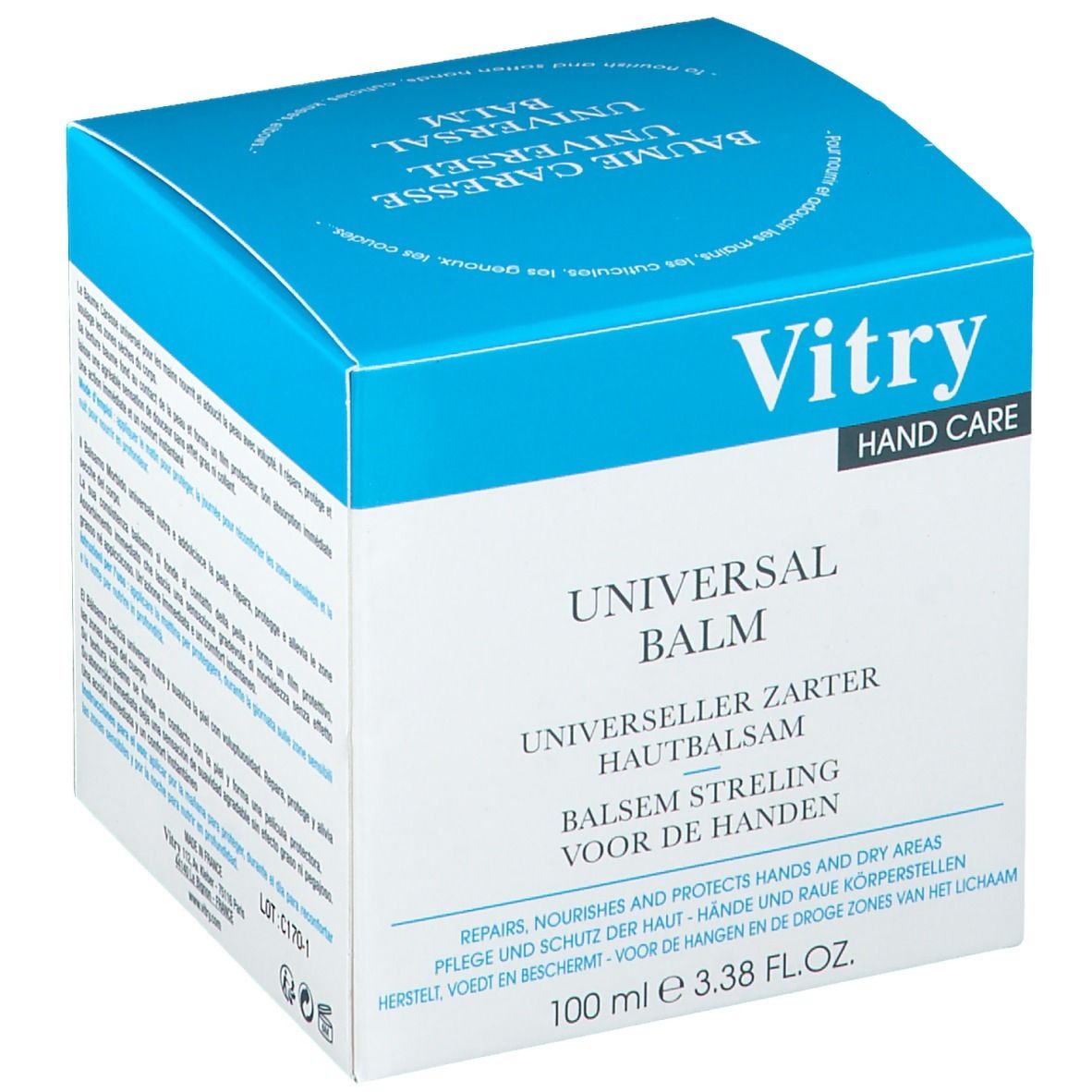 Blau-weiße Verpackung mit Produktnamen und Marke Vitry. Text in mehreren Sprachen, darunter Deutsch und Niederländisch.