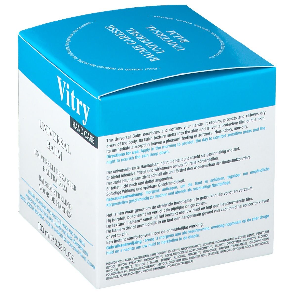 Rückseite der Verpackung mit Produktinformationen und Text in mehreren Sprachen. Marke Vitry ist sichtbar.