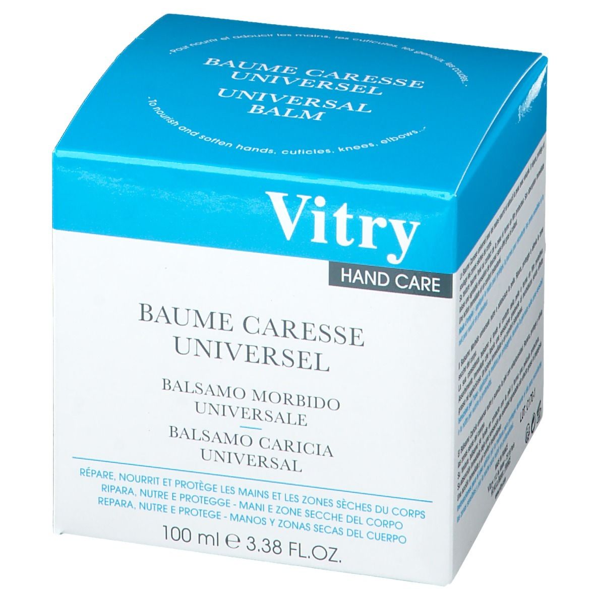 Blau-weiße Verpackung mit Produktnamen und Marke Vitry. Text in mehreren Sprachen, darunter Deutsch und Französisch.