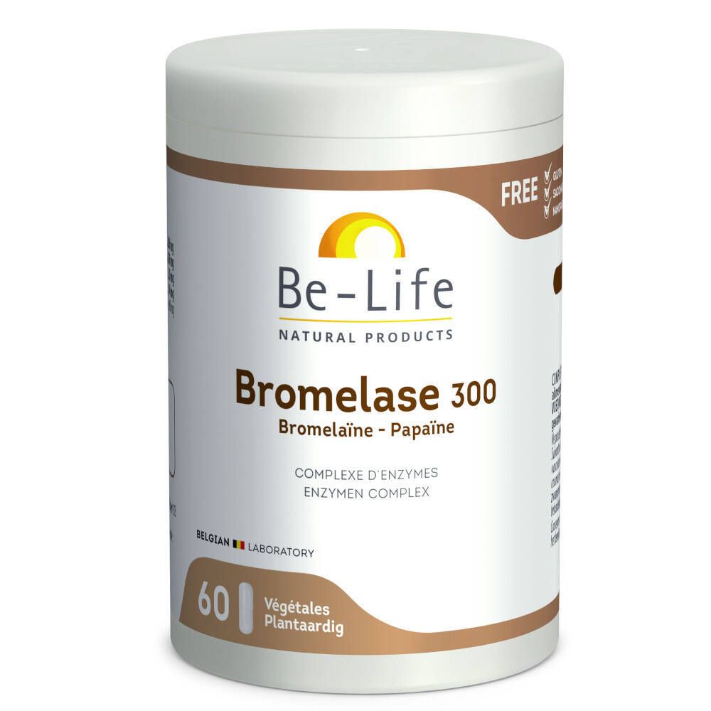 Boîte blanche Be-Life Bormelase 300. Inscription: Bromelase 300, 60 gélules. Logo Be-Life. Couvercle beige.