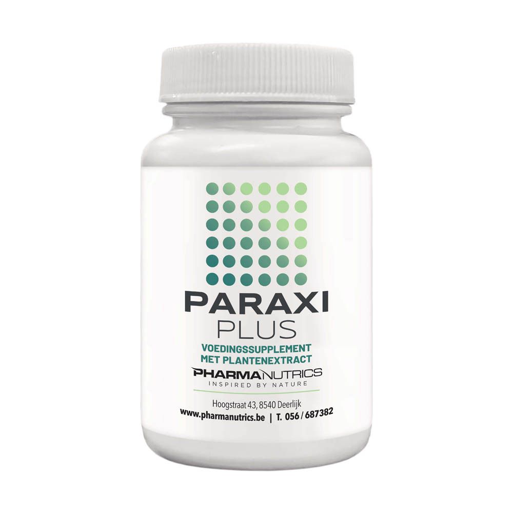 Flacon blanc avec étiquette verte. Inscription: PARAXI PLUS, Voedingssupplement met plantenextract. PHARMA NUTRICS.