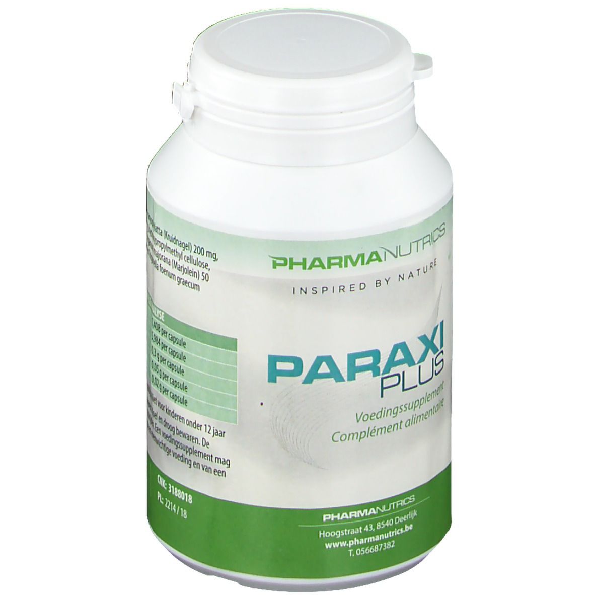 Flacon blanc avec étiquette verte. Inscription: PHARMA NUTRICS, PARAXI PLUS. Complément alimentaire.