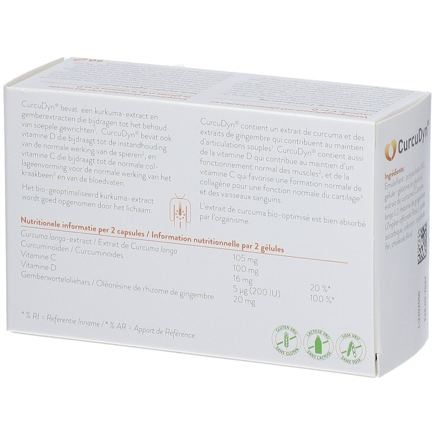 Boîte blanche avec logo jaune et texte CurcuDyn. Contient informations nutritionnelles. Marque : Metagenics.