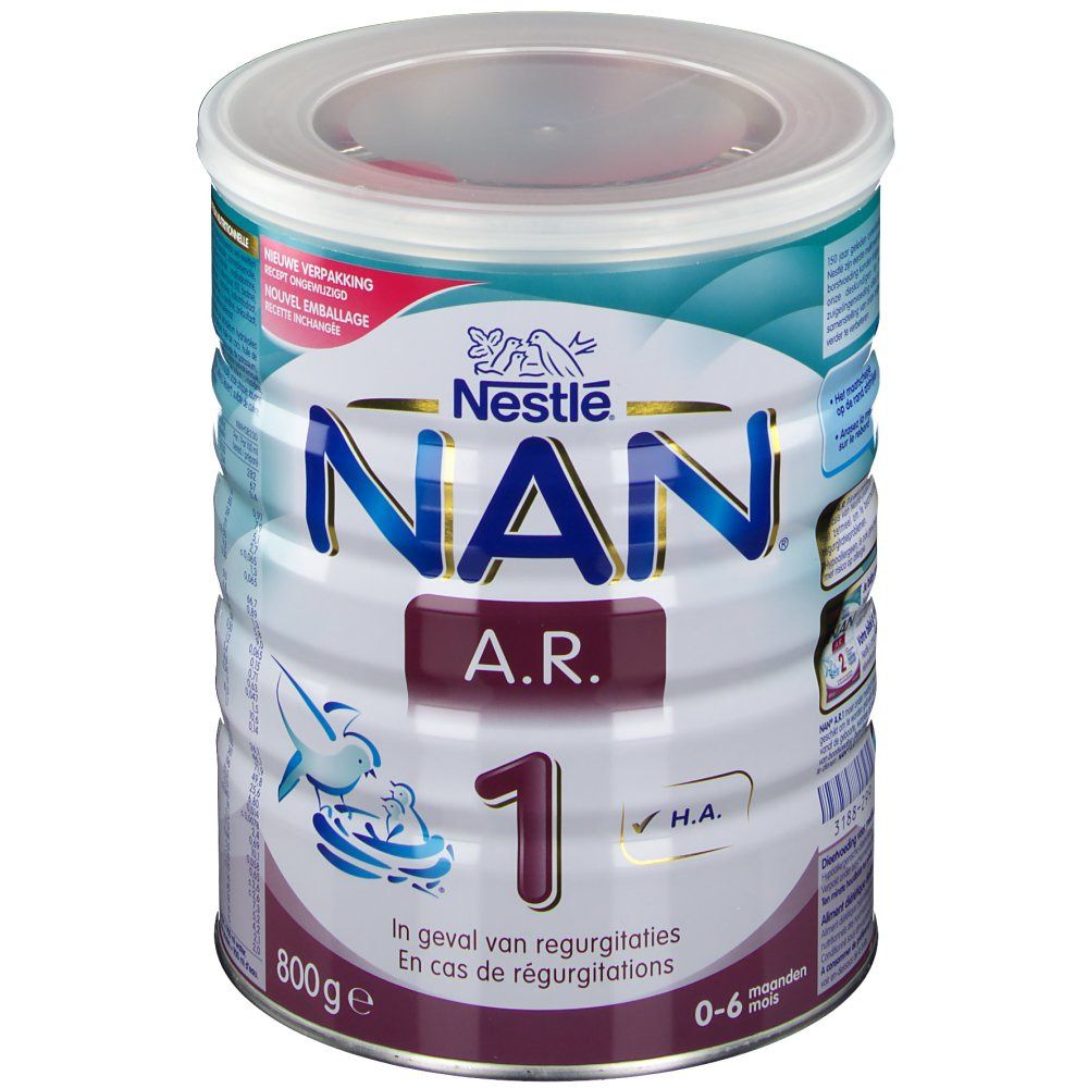 Boîte Nestlé NAN A.R. 1. Emballage bleu, blanc et rouge. Nom du produit et logo visibles. 800g. Pour nourrissons de 0 à 6 mois.