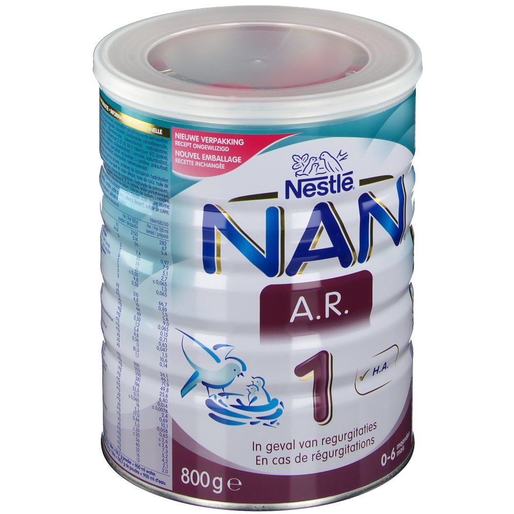 Boîte Nestlé NAN A.R. 1. Emballage bleu, blanc et rouge. Nom du produit et logo visibles. 800g. Pour nourrissons de 0 à 6 mois.