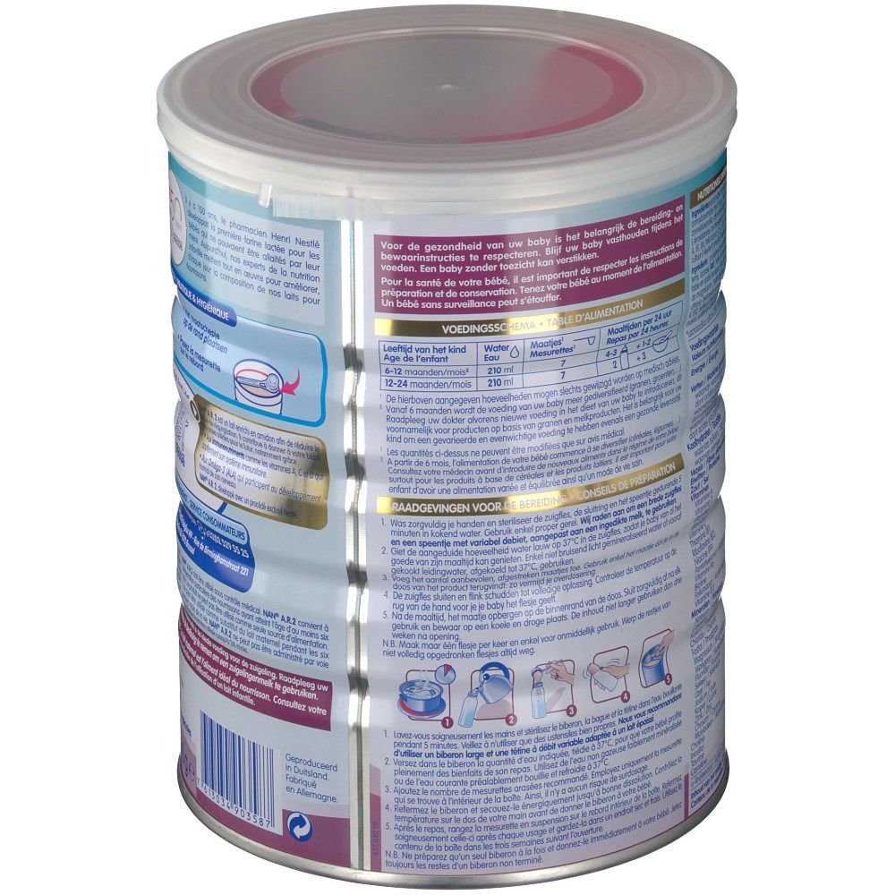 Boîte Nestlé NAN A.R. 2. Informations produit au dos. 800g. Pour enfants de 6-12 mois. Informations nutritionnelles.