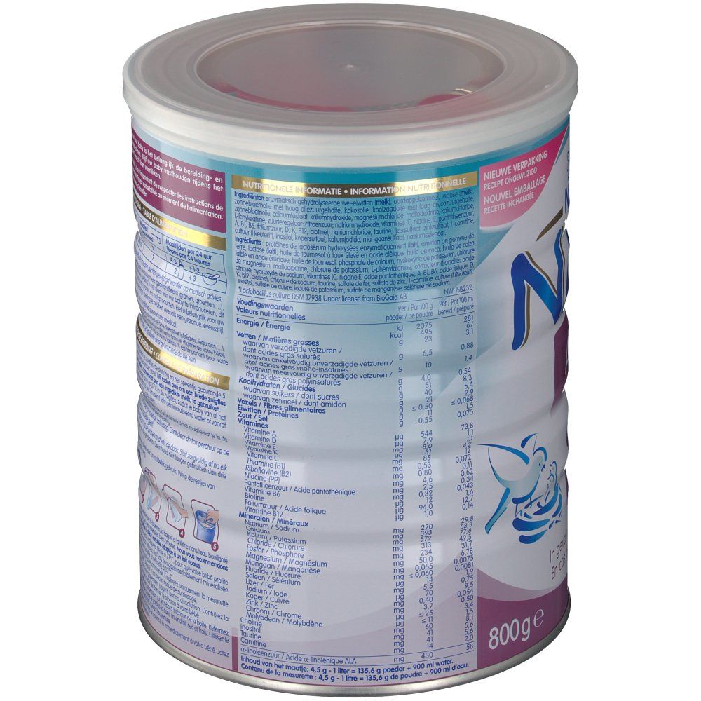 Boîte Nestlé NAN A.R. 2. Informations nutritionnelles et ingrédients au dos. 800g. Pour enfants de 6-12 mois.