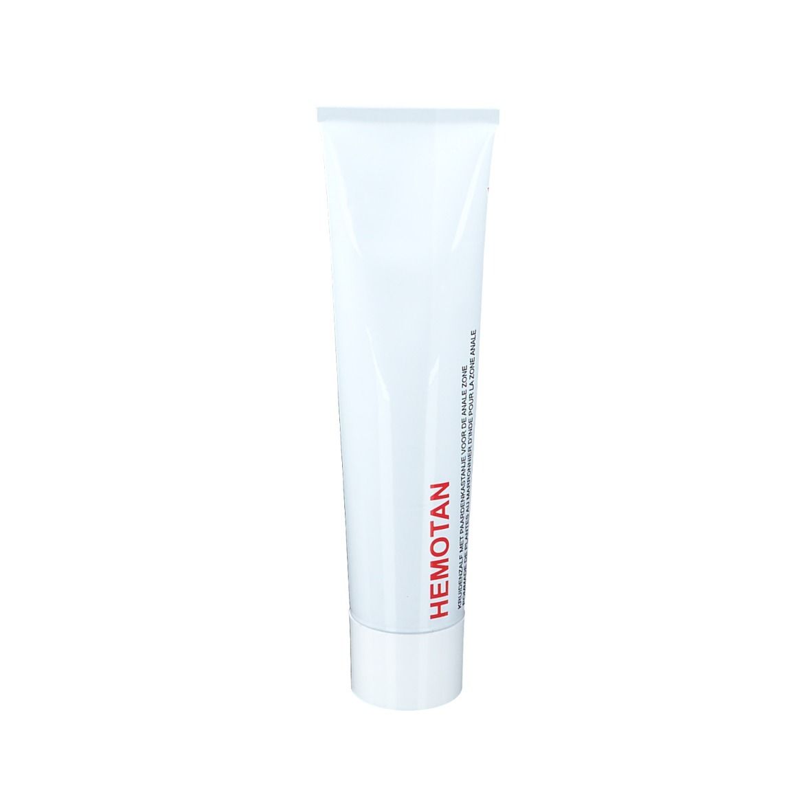 Tube blanc avec inscription rouge HEMOTAN. Nom du produit et informations.