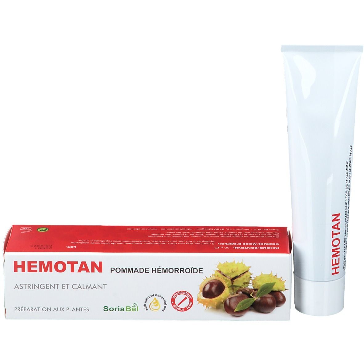 Emballage et tube. Emballage avec HEMOTAN, illustration de châtaignes et texte. Tube à côté.
