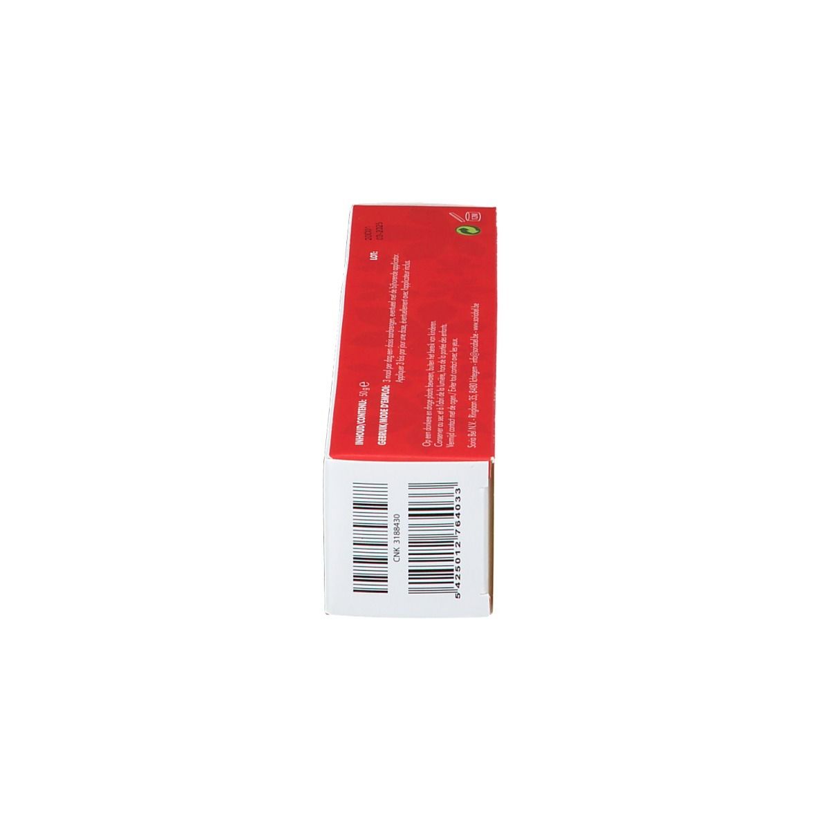 Emballage rouge, vue latérale. Code-barres et texte. Informations sur le produit.