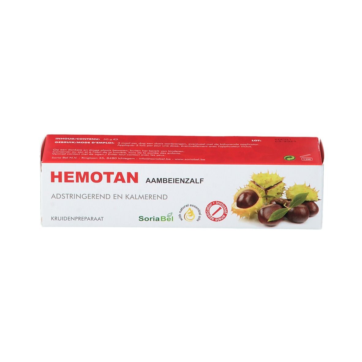 Emballage avec inscription HEMOTAN, illustration de châtaignes et texte. Logo Soria Natural.