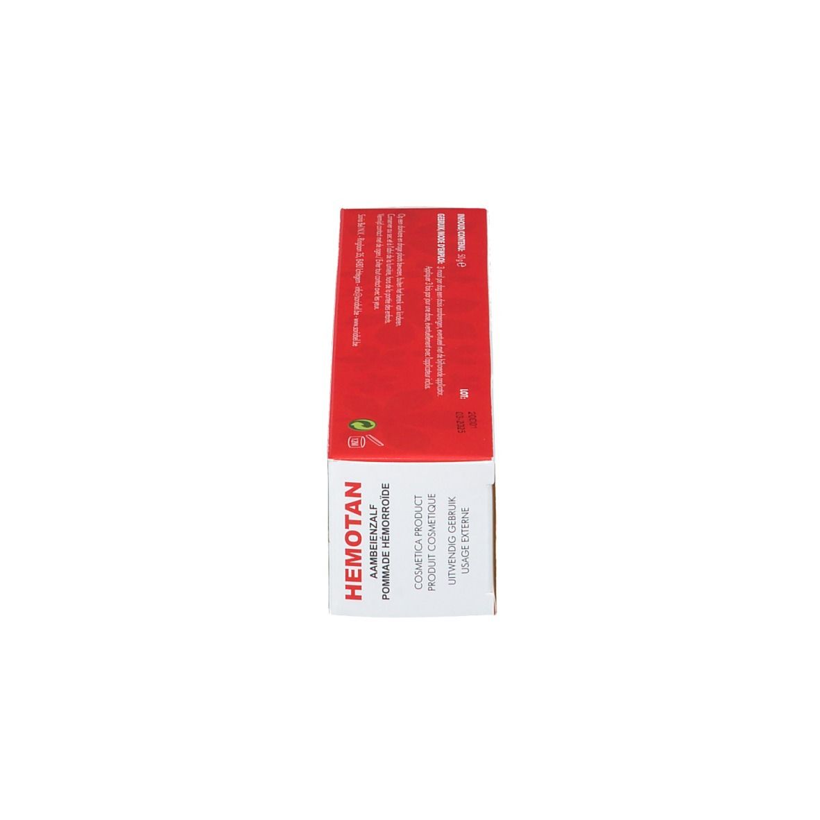 Emballage rouge, vue latérale. Texte et informations sur le produit.
