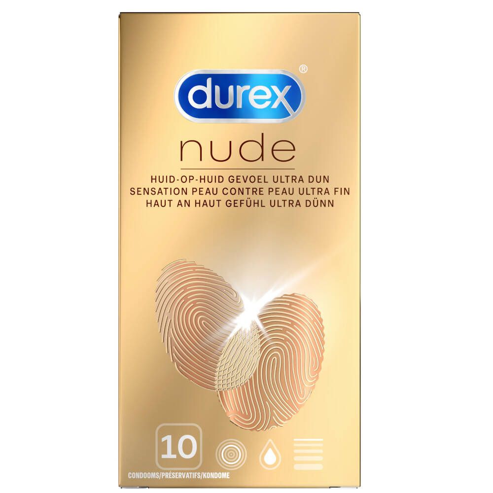 Durex Nude Kondome. Goldene Verpackung mit 10 Kondomen. Aufdruck mit Fingerabdrücken.