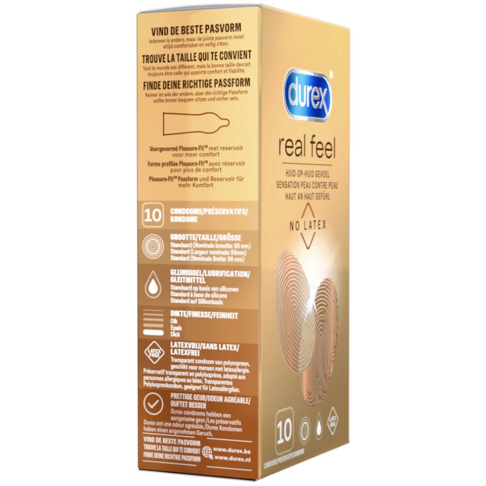 Durex Real Feel Kondome Latexfrei. Verpackung mit Produktinformationen und 10 Kondomen.