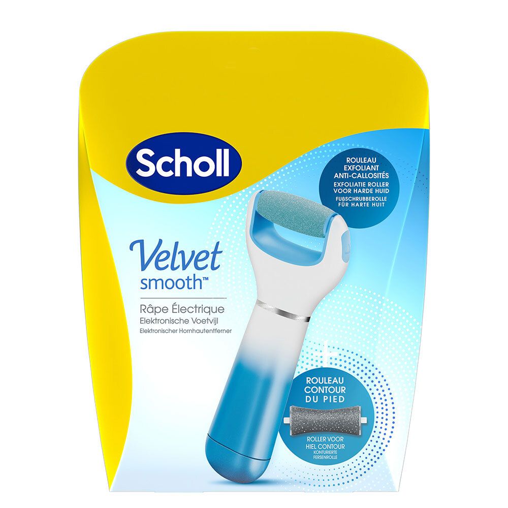 Scholl Velvet Smooth Express Pedi. Râpe électrique pour les pieds, manche bleu et rouleaux. Emballage avec image du produit.
