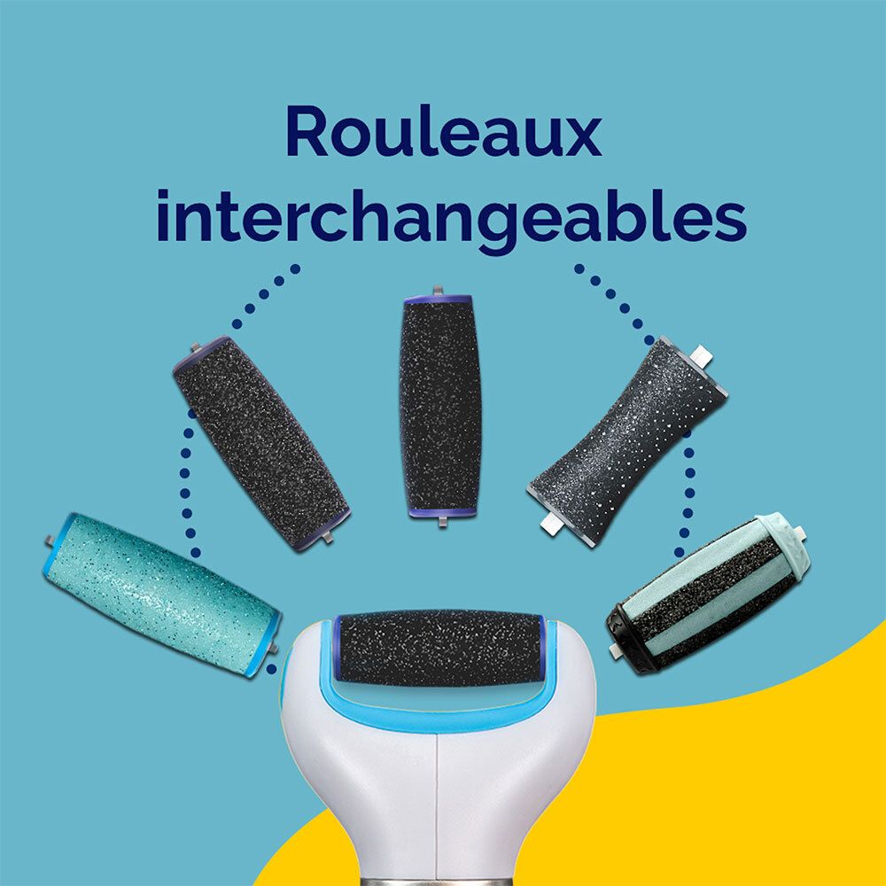 Scholl Velvet Smooth Express Pedi avec rouleaux interchangeables. Différents types de rouleaux de différentes couleurs.