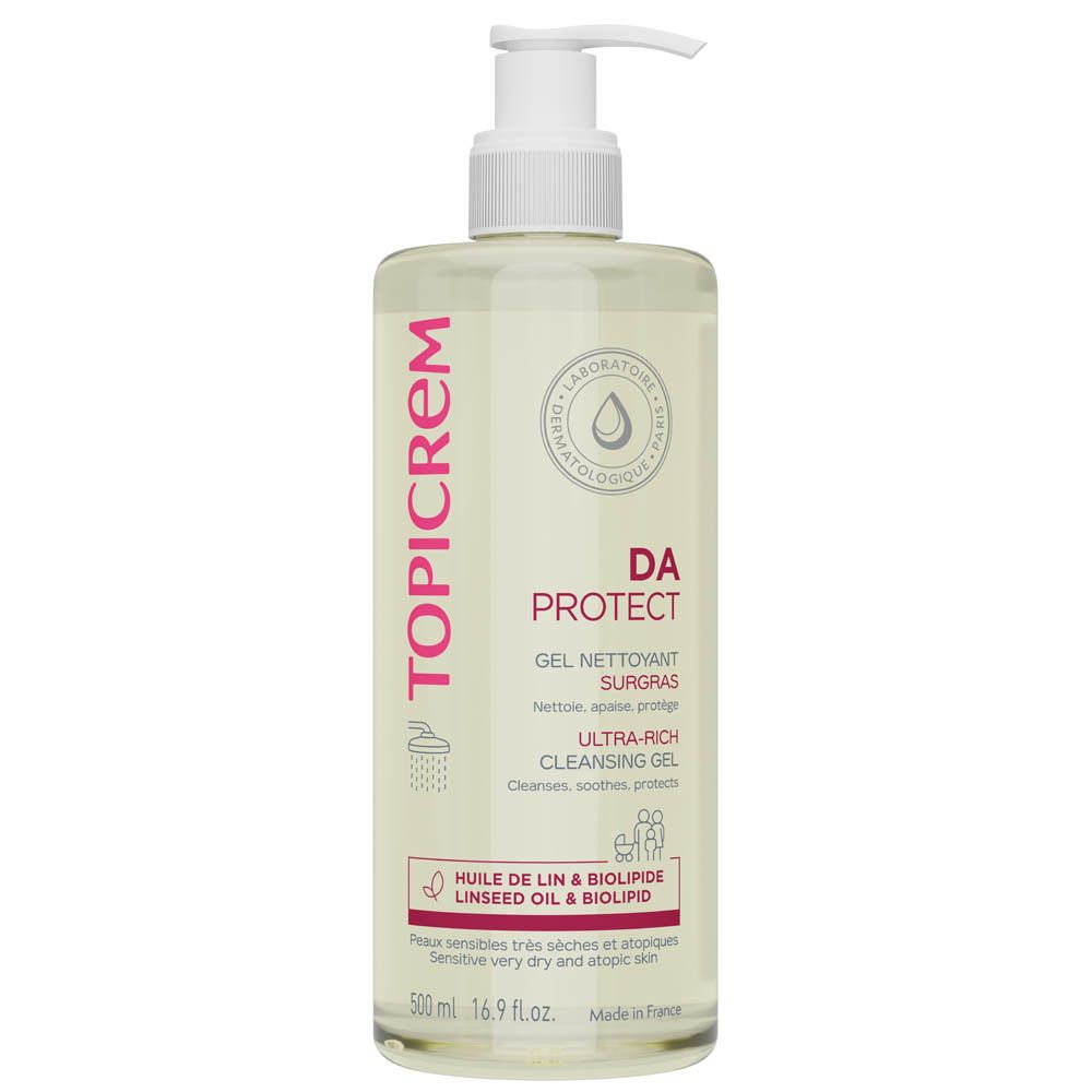 Klare Flasche mit weißem Pumpverschluss. Aufschrift TOPICREM, DA Protect, Gel Nettoyant Surgras, Ultra-Rich Cleansing Gel. 500ml.