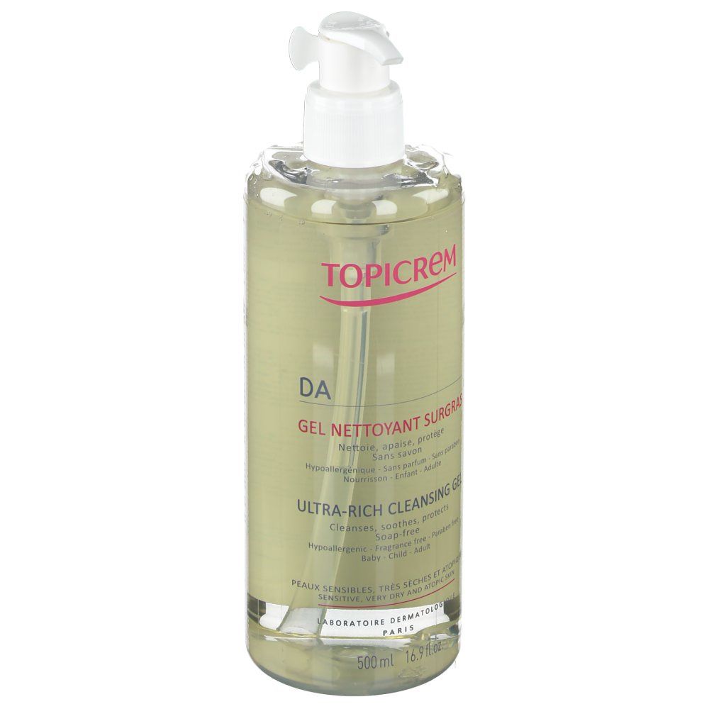 Transparante fles met witte pomp. Opschrift TOPICREM, DA, Gel Nettoyant Surgras, Ultra-Rich Cleansing Gel. 500ml.